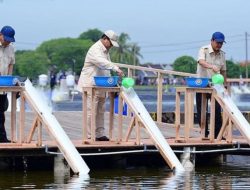 Presiden Prabowo Dan Sakti Wahyu Trenggono Melakukan Penebaran Benih Ikan Nila Di BLUPPB Karawang